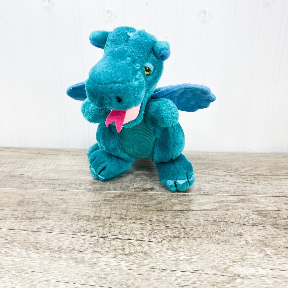 Vintage 1983 Dakin Green Teal Blue Dragon with Wings‎ 10in Stuffed Plush